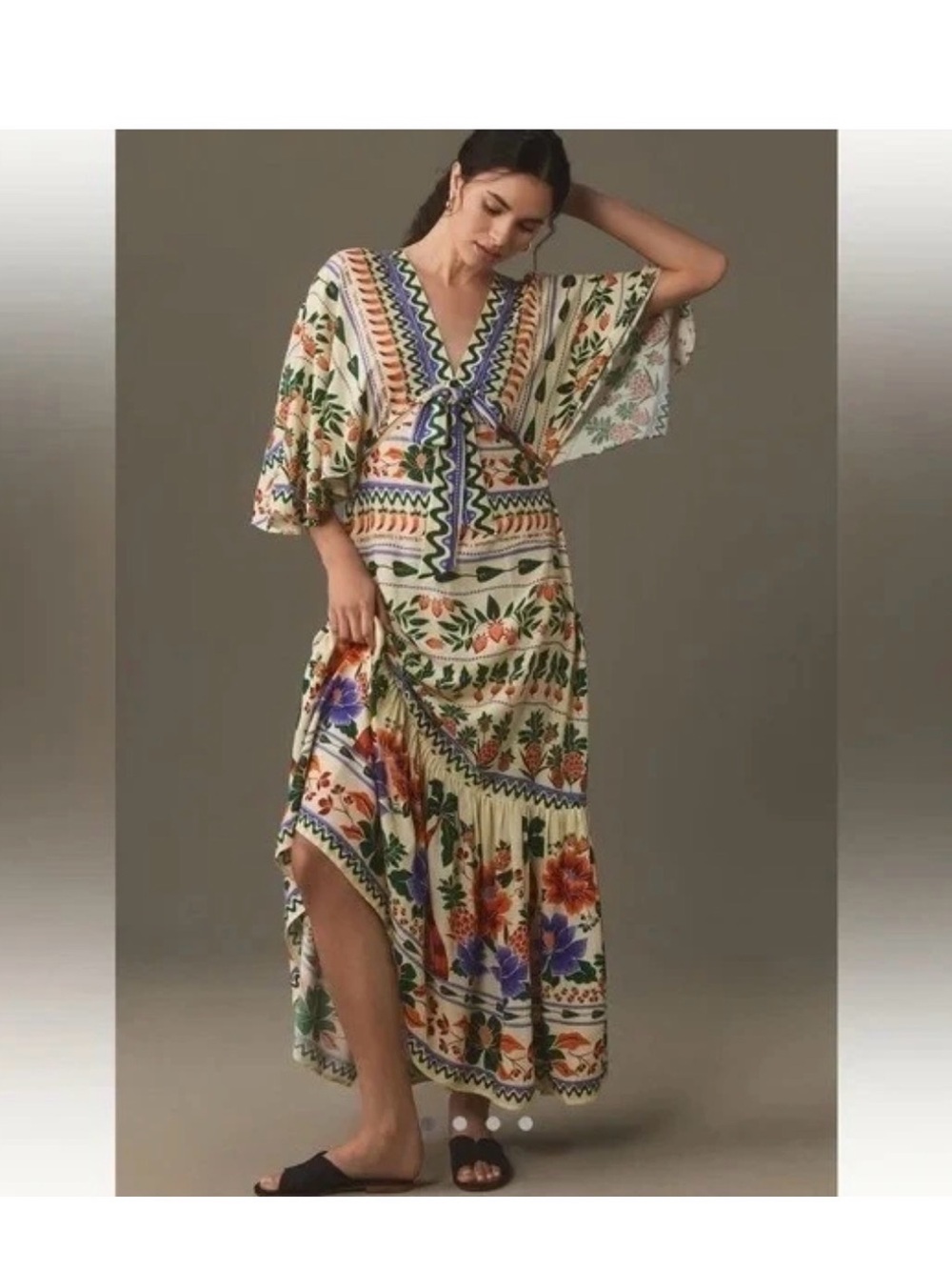 FARM Rio Cream Maxi Dress with Green and Orange Botanical Motif